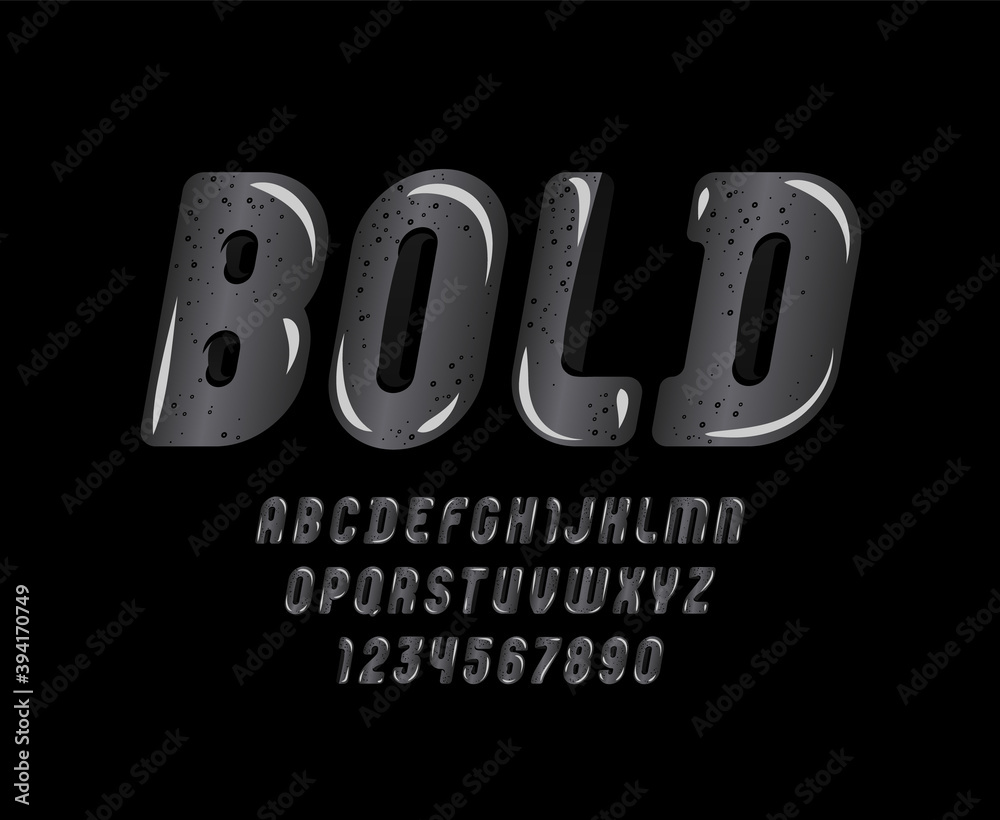 Dark glossy font, cute alphabet in the cartoon style, gray italic rounded letters from A to Z and numbers from 0 to 9 for you designs: logo, t-shirt, card, poster, vector illustration 10EPS