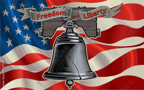 Liberty Bell in Philadelphia and American Flag