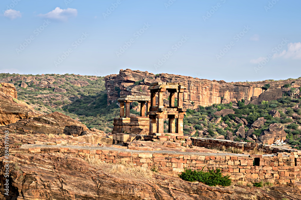 Ancient stone, watch towers near Lower Shivalaya, north Badami f