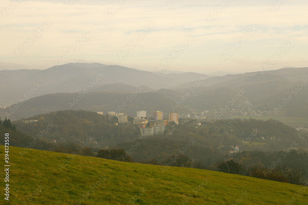 Fototapeta premium view of the autumn landscape in the fog