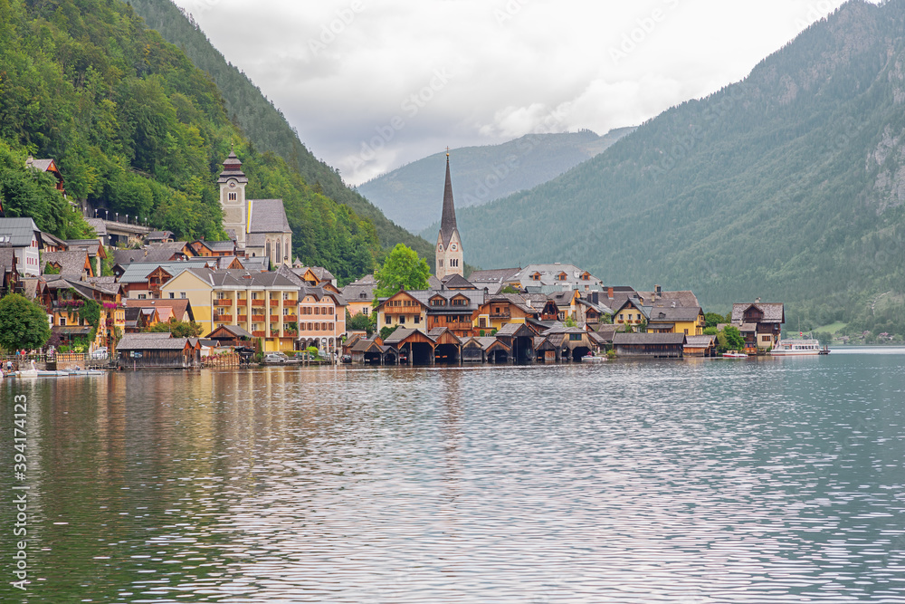 Close up of Hallstatt with the lake, seen from the entrance of the village