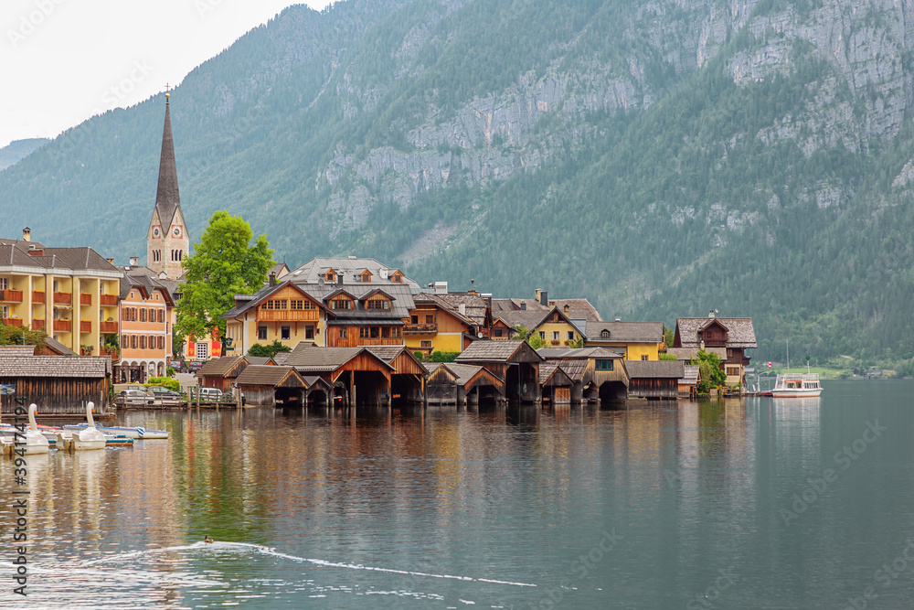 Hallstatt with boat houses, seen from the entrance of the village