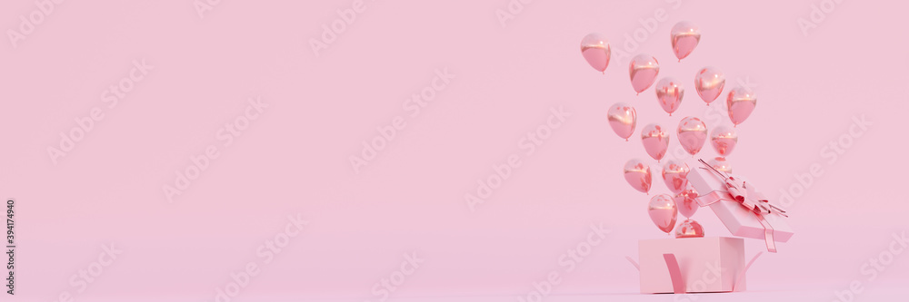 Surprise Open gift box,surrounded,glossy rose gold metallic pink ribbon and balloon,floating in air isolated pink background,celebrate Christmas day,new year,party,3d rendering,banner panoramic header