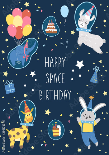 Space Birthday party greeting card template with cute animals in spacesuits. Anniversary cosmic poster or invitation for kids. Bright holiday illustration on dark background with stars..