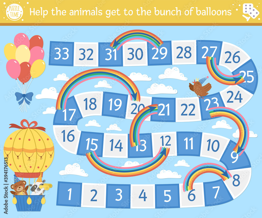 Birthday board game for children with cute animals in hot air balloon. Educational holiday boardgame with clouds, rainbows and balloons. Party activity for kids..