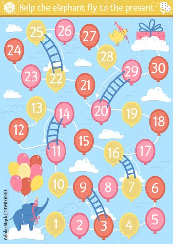 Birthday board game for children with cute animal. Educational holiday boardgame with clouds, ladders and balloons. Surprise party activity. Help the elephant fly to the present..