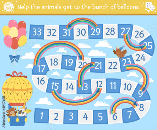 Birthday board game for children with cute animals in hot air balloon. Educational holiday boardgame with clouds, rainbows and balloons. Party activity for kids..