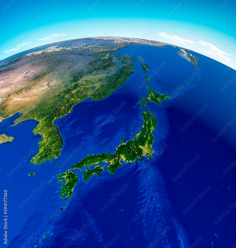 Globe map of Japan, North Korea and South Korea, physical map Asia, East Asia. Map with reliefs and mountains and Pacific Ocean, atlas, cartography. Satellite view. China. 3d render