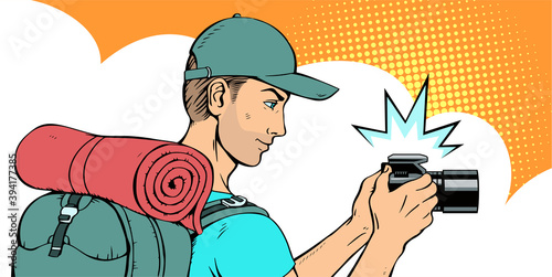 Young handsome man tourist with a backpack and a camera. There is a cap on the head. Side view. Vector illustration in pop art style.
