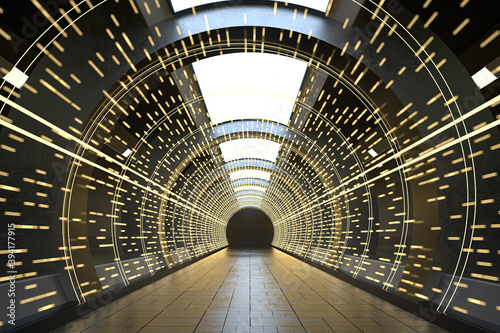 Dark round tunnel with glowing neon lights, 3d rendering.