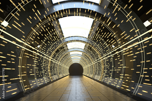 Fototapeta Naklejka Na Ścianę i Meble -  Dark round tunnel with glowing neon lights, 3d rendering.