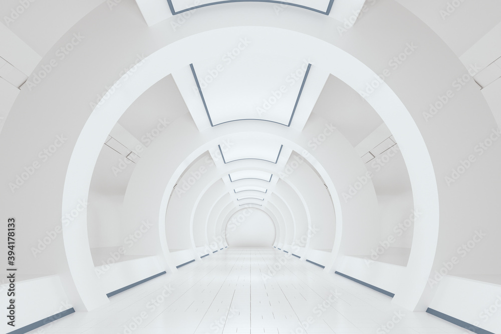 Fototapeta premium White sci-fi tunnel, empty round room, 3d rendering.