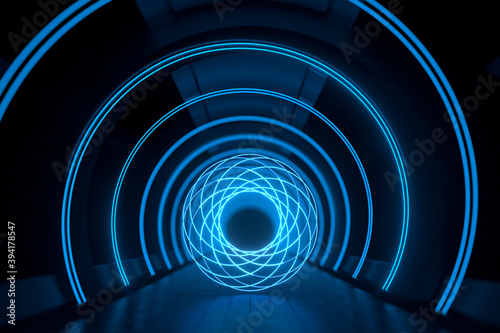 Dark round tunnel with glowing neon lights, 3d rendering.