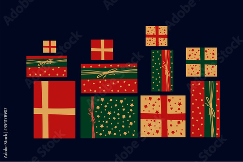 Gift, gift box top view. Gift boxes for Christmas. Gifts for your loved ones for the winter holidays. Background image with boxes in red gold and green. Vector illustration of a box with ribbons and