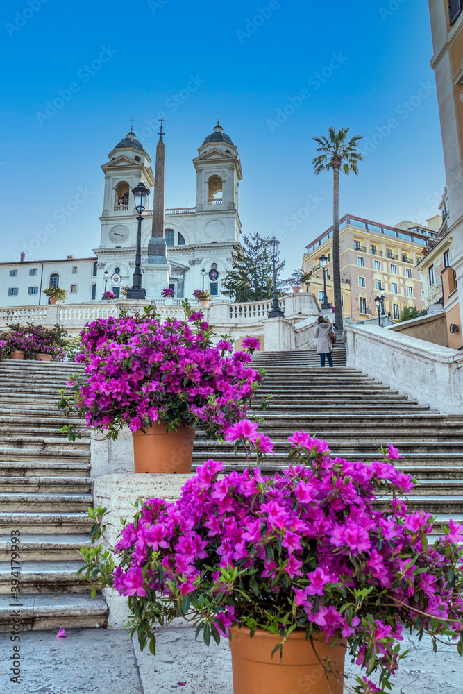 The famous Spanish Steps in Rome with beautiful flowers and no people