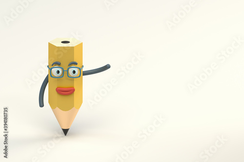 Cartoon pencil character with white background, 3d rendering.