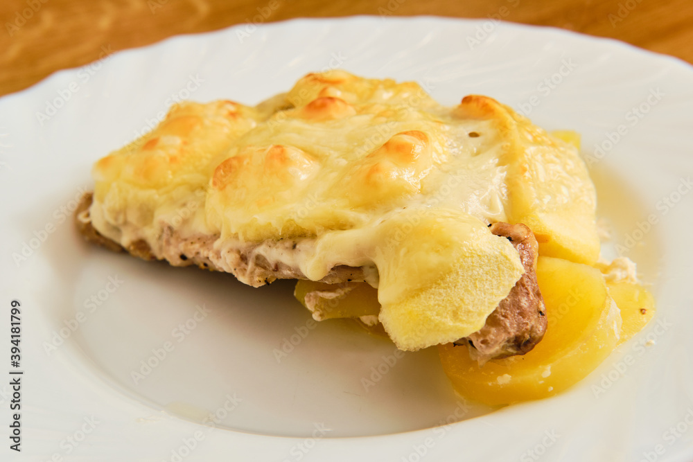 Potato-pork meat-apples on plate Potato-pork meat-apples on plate
