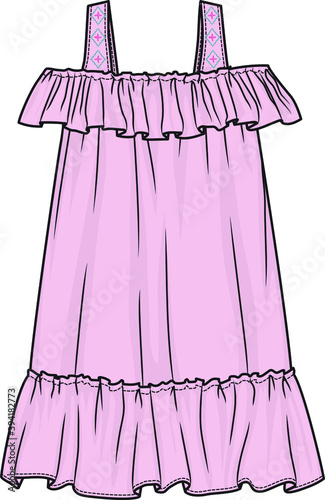 Girl's dress. Tech sketch of a summer dress for further product development