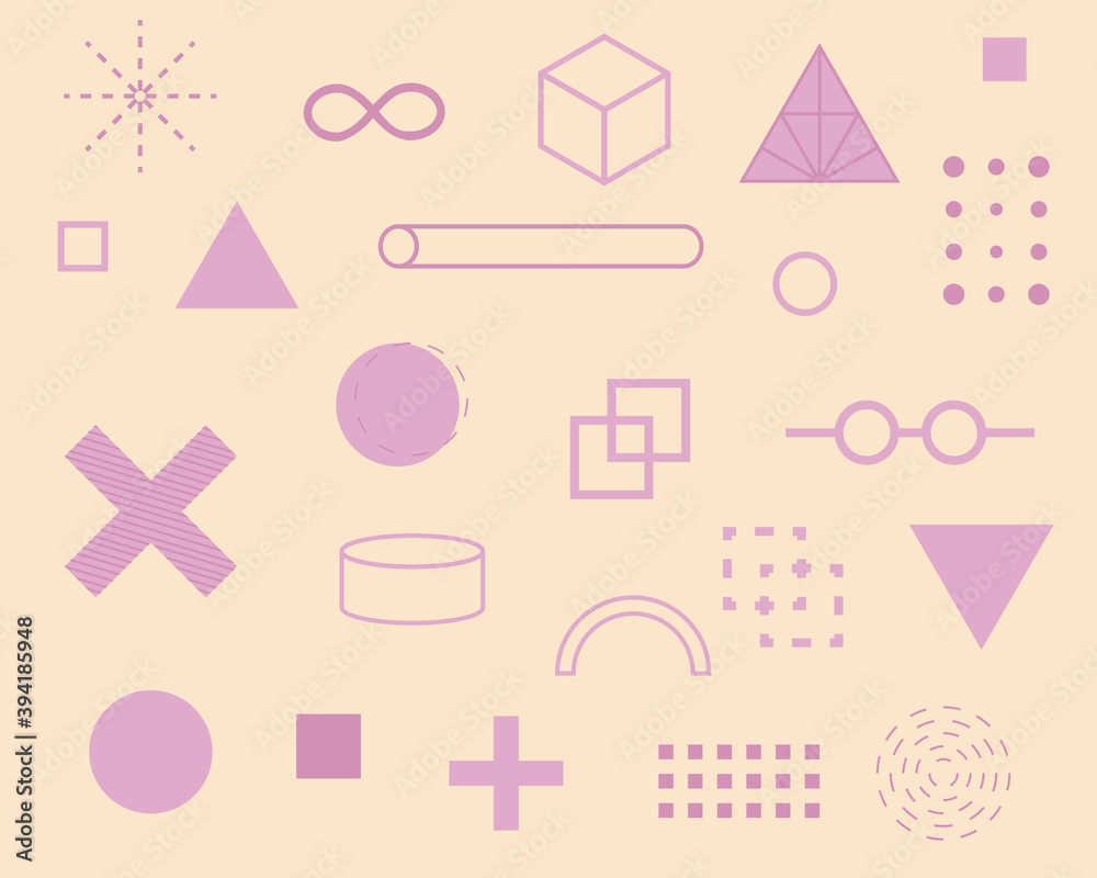 set of geometric icons. Different pink shapes on pink background.  triangle, square. Collection trendy halftone vector geometric shapes.