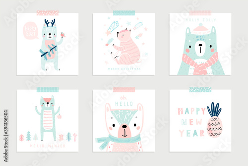 Christmas set with Cute Bears celebrating Christmas eve, handwritten letterings and other elements.