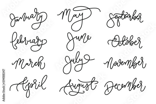 Handwritten names of months: December, January, February, March, April, May, June, July, August September October November Calligraphy words for calendars and organizers Vector