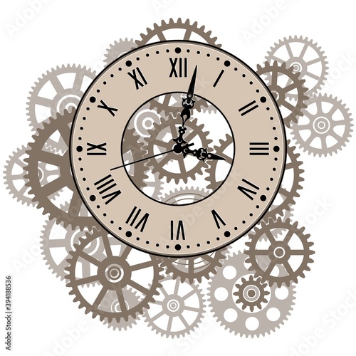 Clockwork Gear Mechanism. Vintage Wall Clock Roman Number. Time Symbol. Vector illustration.