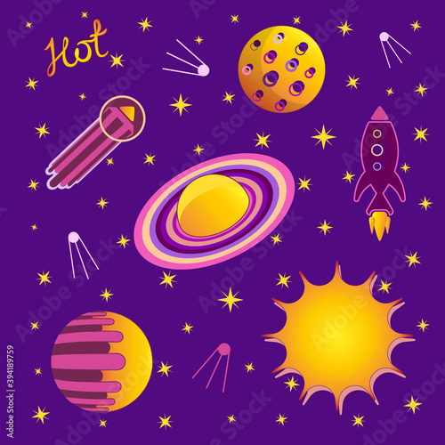 Set of stickers with space objects. Cartoon vector illustration for children. Planets, satellites, stars over the dark night sky