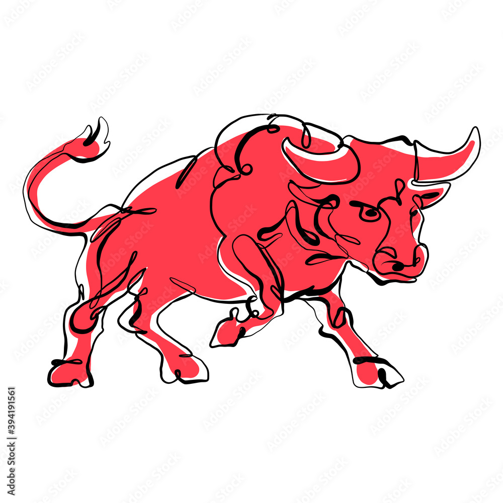 Obraz premium Continuous one line drawing of bull symbol of the Chinese New Year. 2021, the year of the bull. Red cow