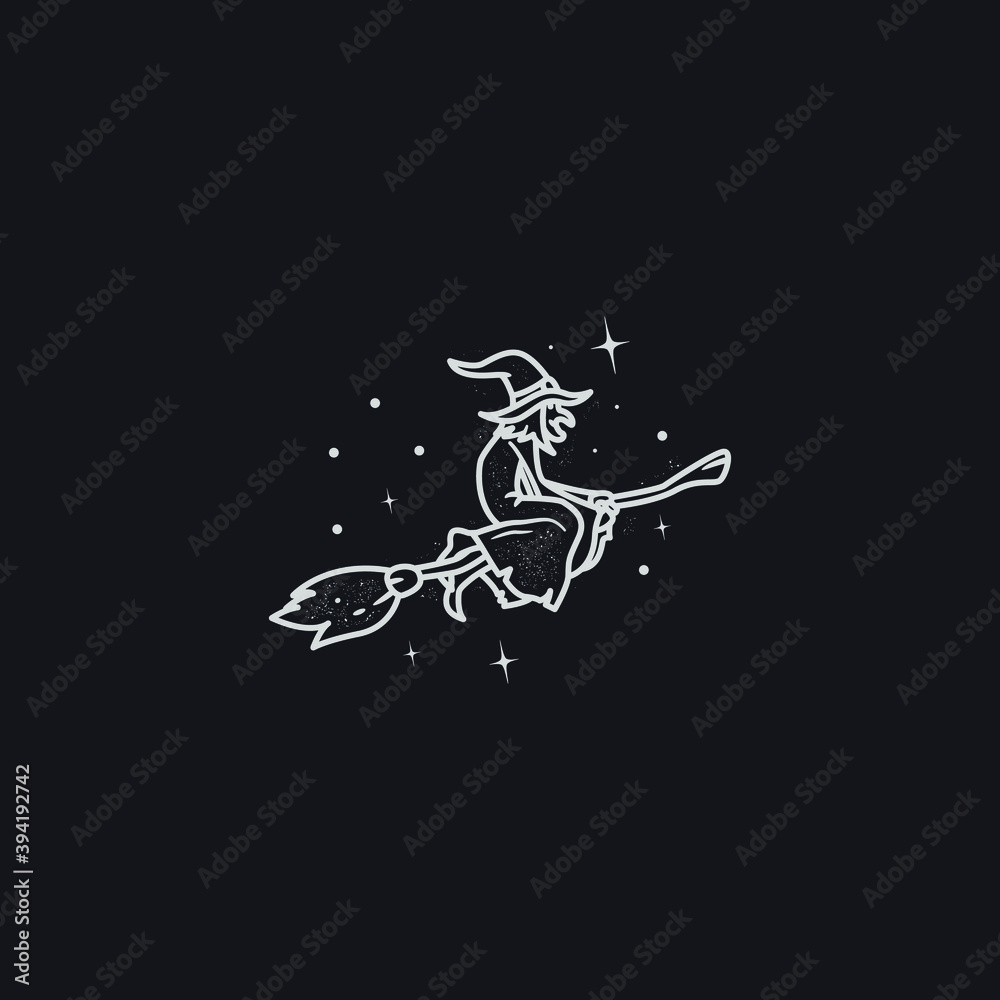 flying witch on broom stick mono line style vector illustration.