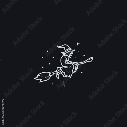 flying witch on broom stick mono line style vector illustration.
