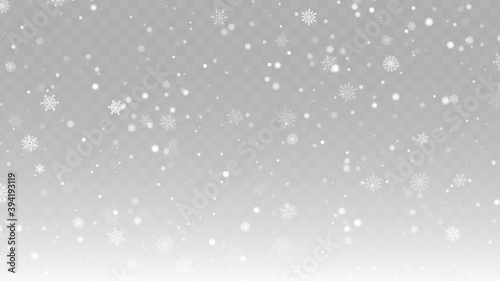 Vector heavy snowfall, snowflakes in various shapes and forms. Many white cold flakes elements on transparent background. White snowflakes fly in the air. Snow flakes, snowy background. Vector EPS 10 © Ray Morel