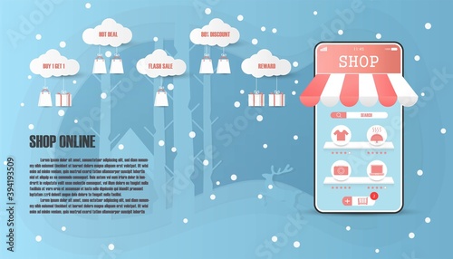 Vector smartphone shopping online with promotions and reward on Christmas festive season background. Use for template or banner.