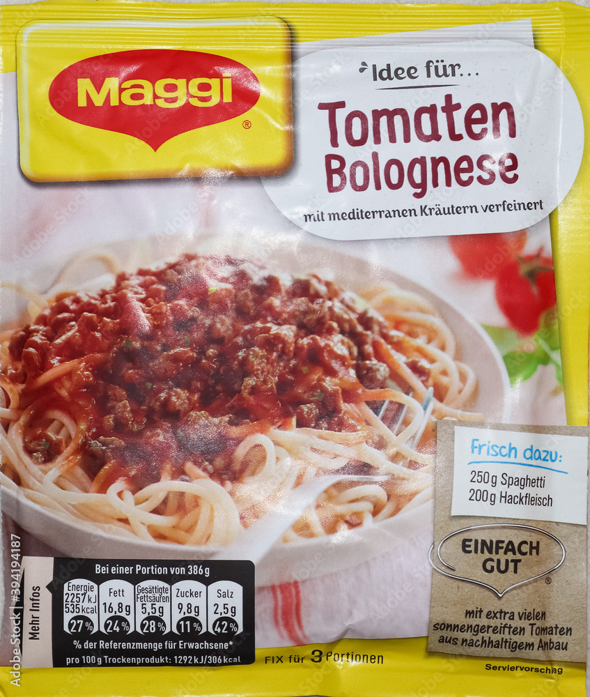 German Maggi instant noodles called Spaghetti Bolognese, owned by Nestle. Maggi is an