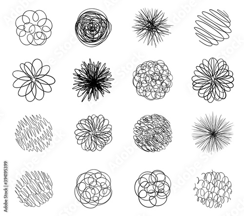 Round tangled line set pattern sketch. Pen Hatched drawing picture. Hand drawn vector. Abstract background. Black outline.