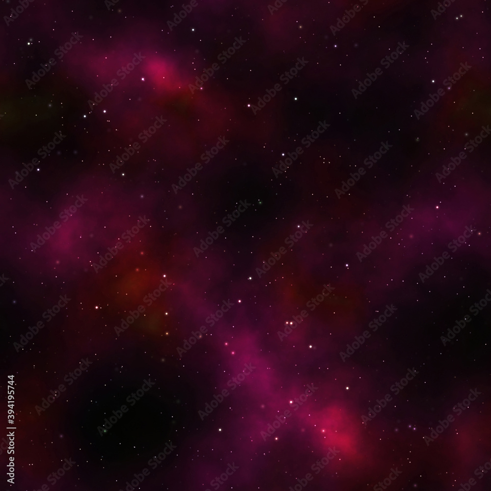 Deep space background. Stars, dust and gas. Red clouds in space. Seamless texture. Infinity universe. Glowing nebula.