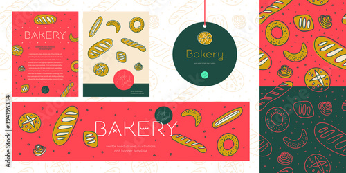 Bread seamless pattern with minimal illustrations, icons for baking, bakehouse logo design template. Vector set design templates and branding elements for bakery shop packaging in red colors.
