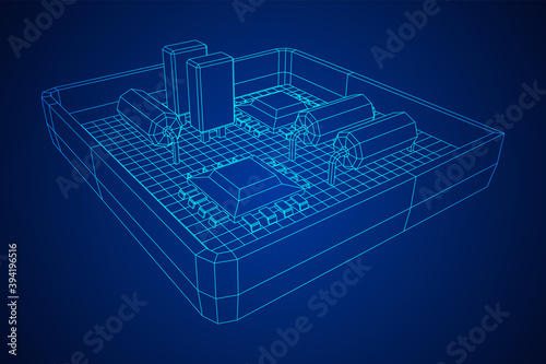 Circuit board in case. Electronic computer components motherboard.