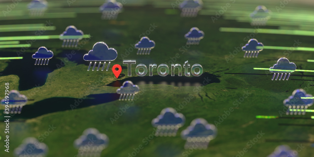 Fototapeta premium Rainy weather icons near Toronto city on the map, weather forecast related 3D rendering