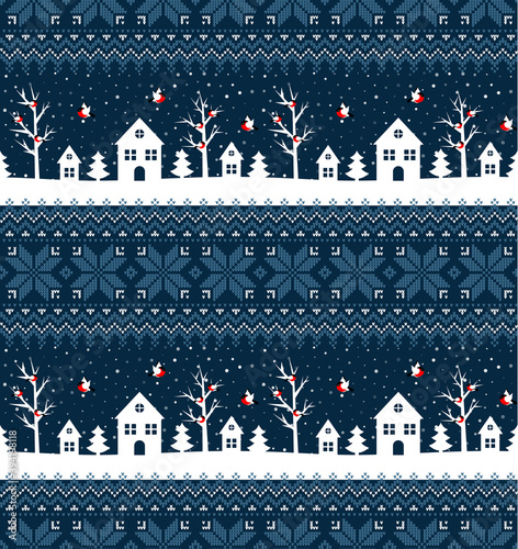 Knitted Christmas and New Year pattern. Wool Knitting Sweater Design. Wallpaper wrapping paper textile print.