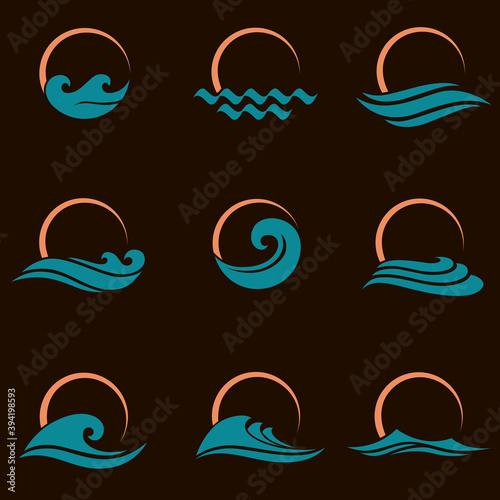 abstract collection of sun and sea icons isolated on black background