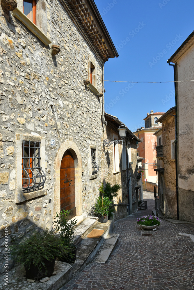 A narrow street among the old houses of Castrovalva, a medieval village in the Abruzzo region.