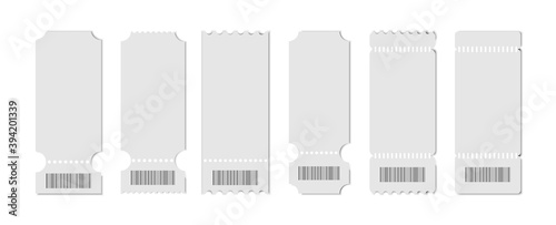 Set of blank templates tickets with barcodes, coupons and vouchers. Ticket and voucher mockups, white cardboard texture. Concert and cinema ticket, discount voucher and gift coupon template