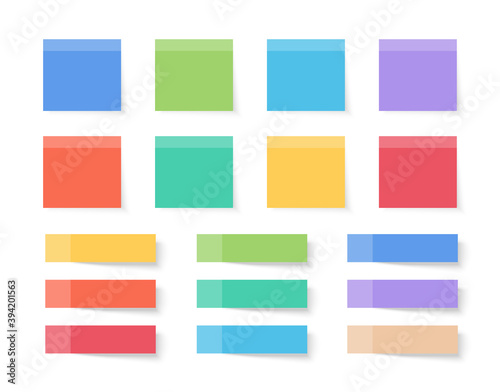 Note stickers. Set of office colorful sticky noteswith isolated with real shadow on white background. Square sticky paper reminders with shadows. Vector illustration
