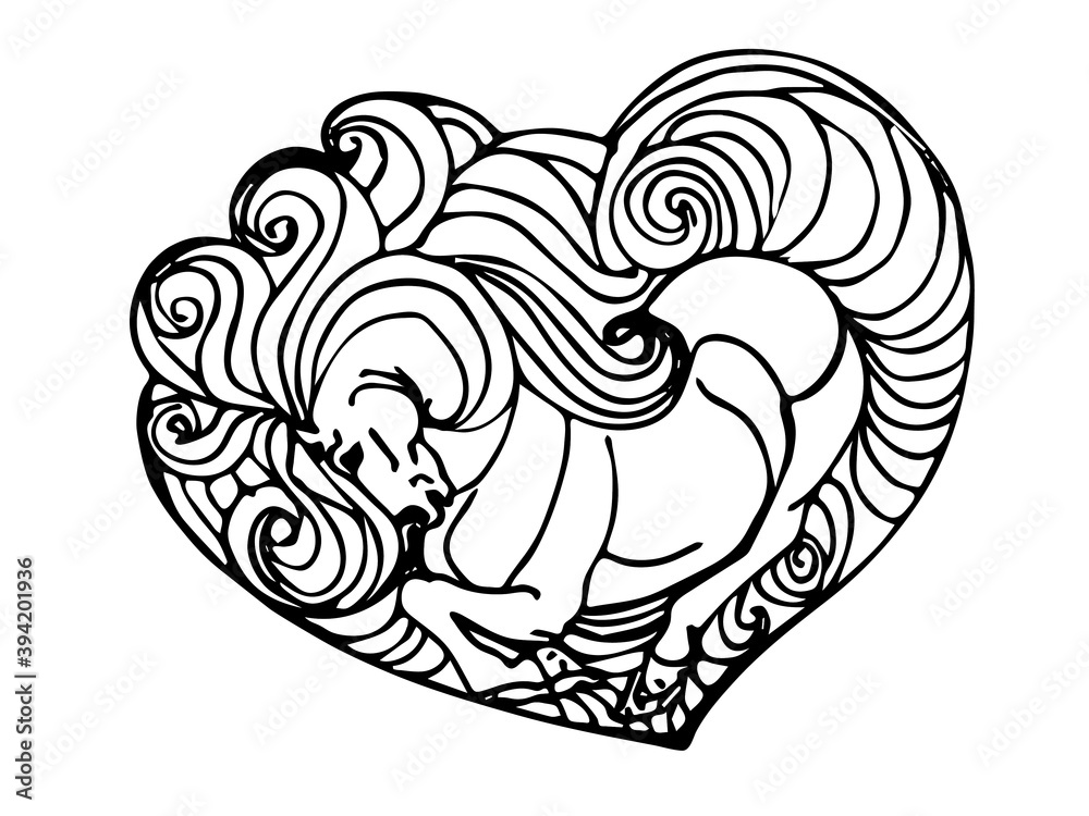 Obraz premium isolated monochrome pattern with a horse in a heart-shaped frame