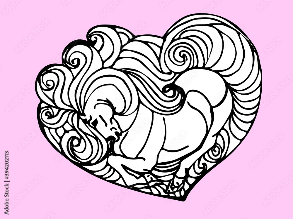 Fototapeta premium isolated monochrome pattern with a horse in a heart-shaped frame