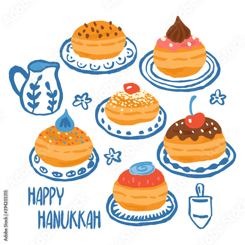 Hanukkah greeting card design with hand drawn traditional donuts