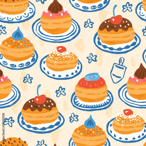 Hanukkah seamless pattern design with hand drawn traditional donuts