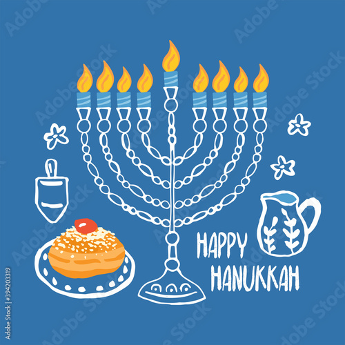Hanukkah greeting card design with hand drawn menorah and traditional donuts