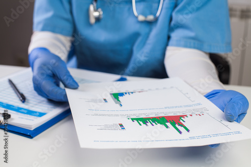 Doctor wearing protective gloves holding document chart,analyzing COVID-19 graph data,Coronavirus global pandemic outbreak crisis,stats showing number of infected patients,death toll,mortality rate photo