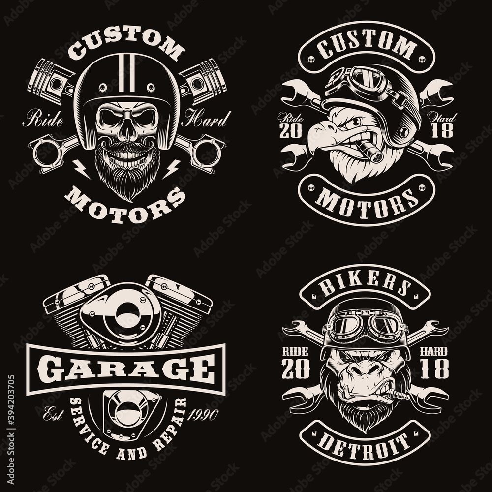 Obraz premium Black and white vintage bike emblems on dark background